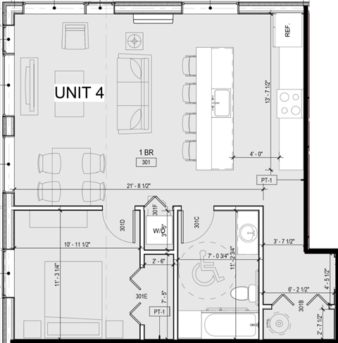 Floor plan for 1 bed, 1 bath, 628 sqft